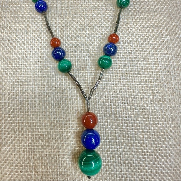 Vintage Liquid Silver Sterling Malachite Lapis Carnelian Natural Gems Necklace - Picture 3 of 7
